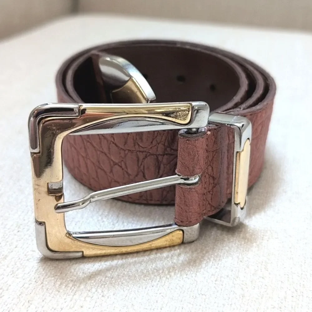 Genuine Leather Croc Embossed Brown Belt Gold & Silver Buckle and Tip Vintage